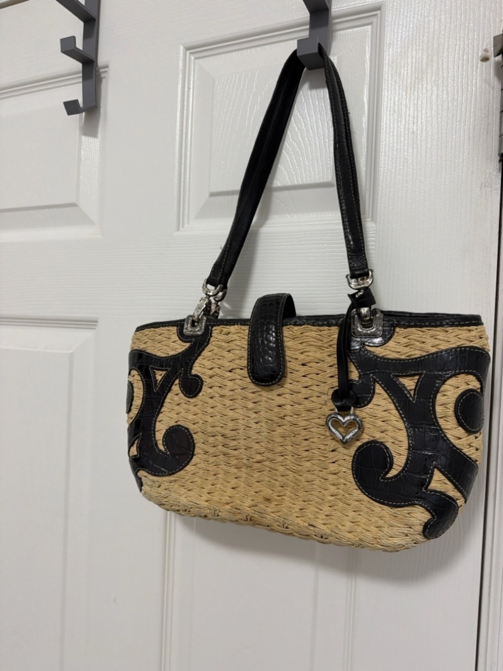 Brighton Natural Straw Shoulder Bag with Black Trim and Heart Charm